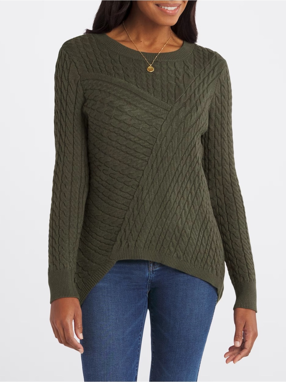 Evolution by Cyrus Aneesa Cable Knit Asymmetric Hem Sweater Olive Green Sz M - Picture 8 of 11
